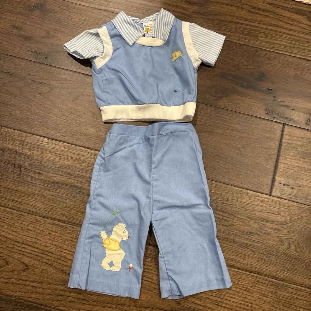Vtg Sears Winnie The Pooh‎ Bear Newborn Baby Disney 2 Pc Retro Photo Outfit Blue